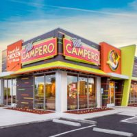 Pollo Campero franchise exterior at sunset